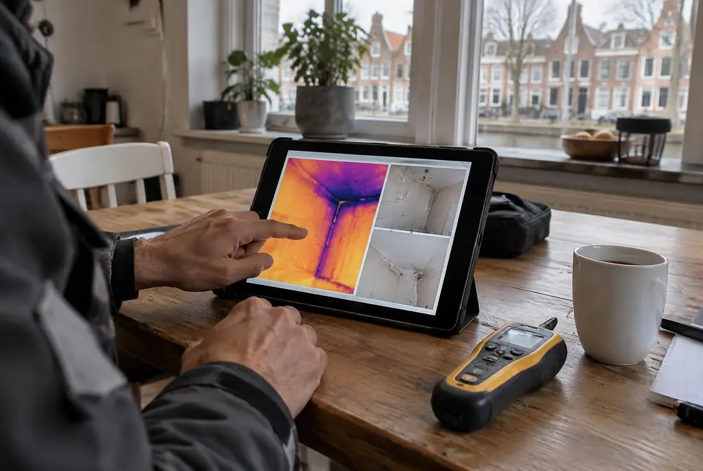 Lekdetectie Beesd – lekdetectierapport met warmtebeelden en foto's op een tablet
