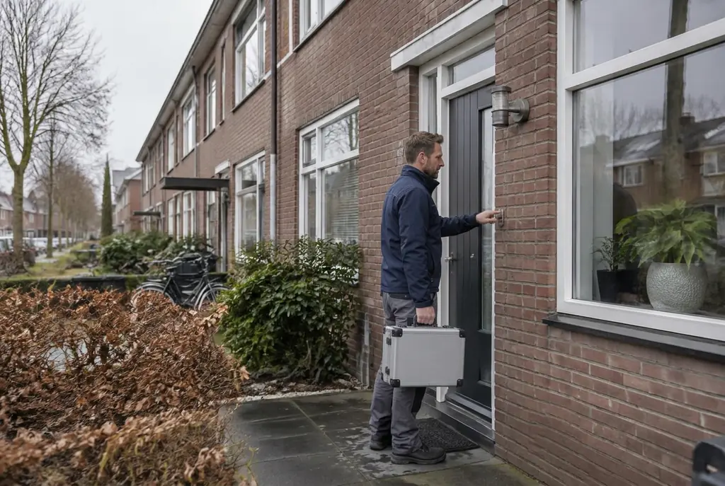 Lekdetectiespecialist met meetkoffer bij de voordeur van een woning in Beesd